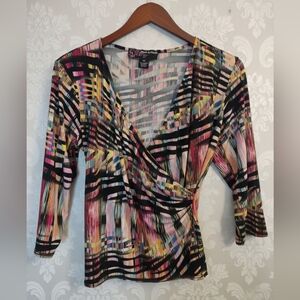 Peck & Peck Multi-Color Abstract Faux-Wrap Top
